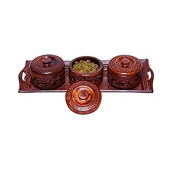 Wooden Handmade 3 Dry Fruit Box & 1 Serving Tray Set Of 4