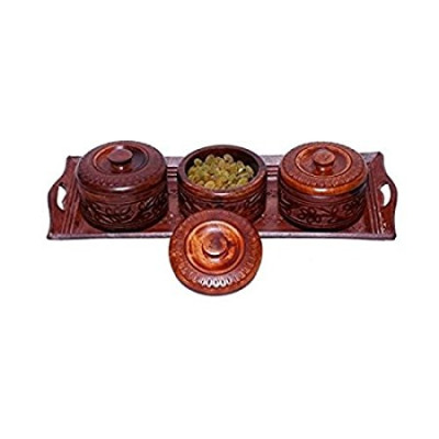 Wooden Handmade 3 Dry Fruit Box & 1 Serving Tray Set Of 4 Wooden Handmade 3 Dry Fruit Box & 1 Serving Tray Set Of 4
